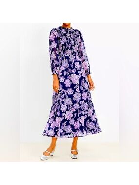 LOFT Purple Floral Smocked Ruffle Neck Midi Dress - Size 12